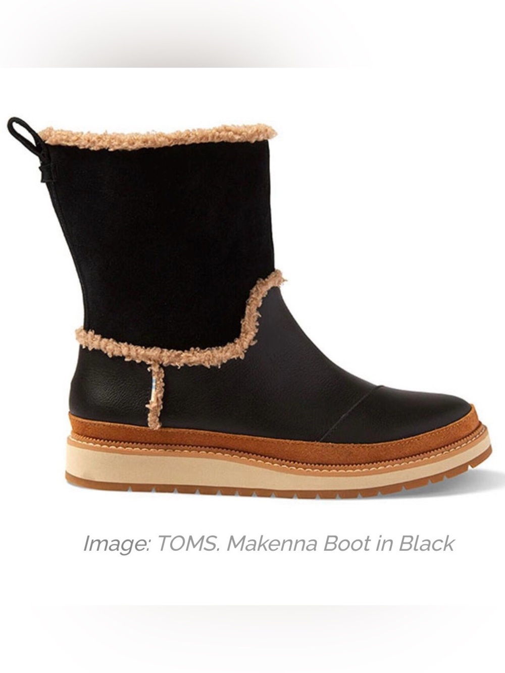 TOMS Black Shearling-Trim Winter Pull-On Boot with Tan Platform